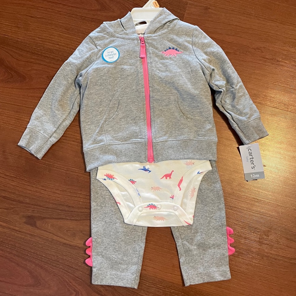 NWT Carter’s 12m girls dinosaur hooded jacket set